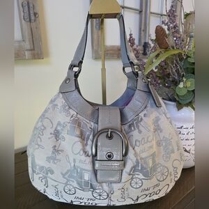 Coach Soho Lynne Gray Horse And Carriage Canvas Y2k Hobo Bag With Leather Trim